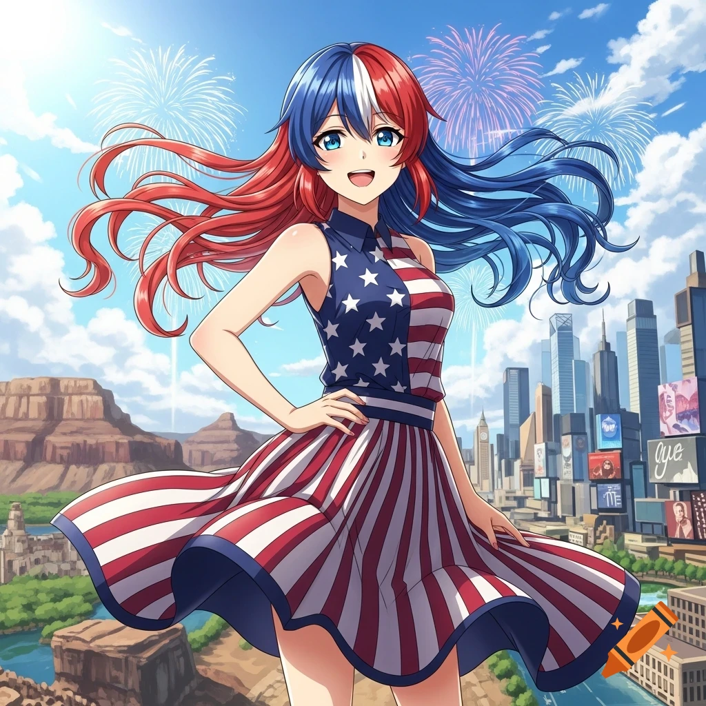 Anime girl with red, white, and blue hair in an American flag dress smiles against a backdrop of a city, mountains, and fireworks.