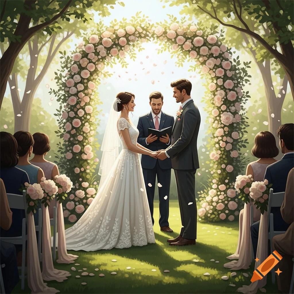 An illustrated outdoor wedding ceremony with a bride and groom holding hands under a large archway adorned with pink roses, an officiant, and guests.