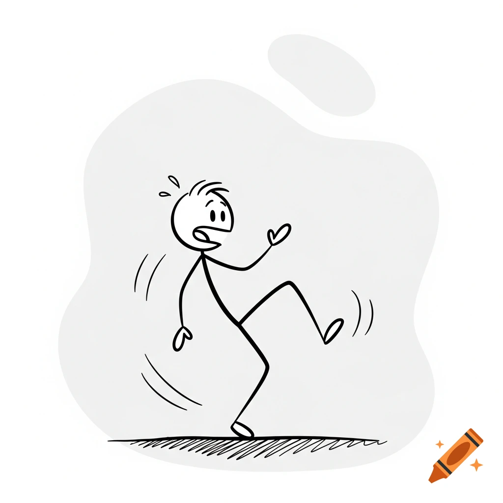 A cartoon stick figure with sweat drops, looking surprised and stumbling, with one leg lifted.