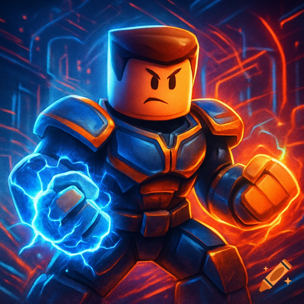 A stylized Roblox-like character in blue and gold armor, with a glowing blue fist, stands against a vibrant neon background.