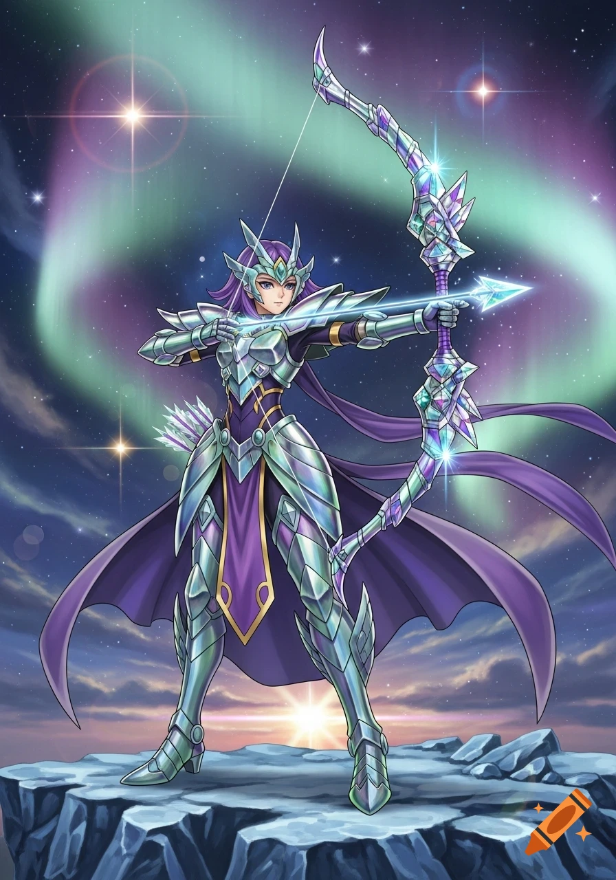 Anime female archer in silvery and purple armor draws a crystal bow on a rocky cliff under a starry sky with a vibrant aurora.