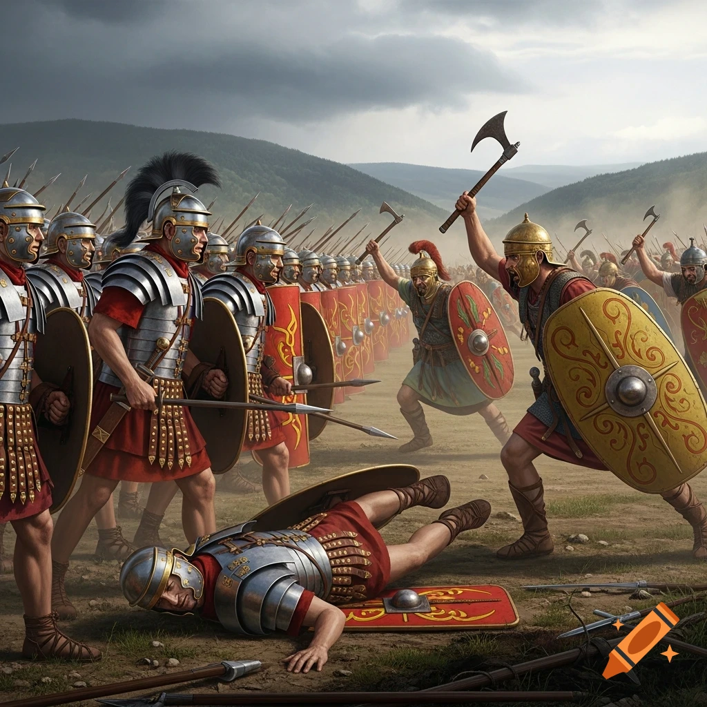 An epic battle scene featuring Roman soldiers in armor clashing with axe-wielding Dacian warriors on a cloudy, open field, with one soldier fallen in the foreground.