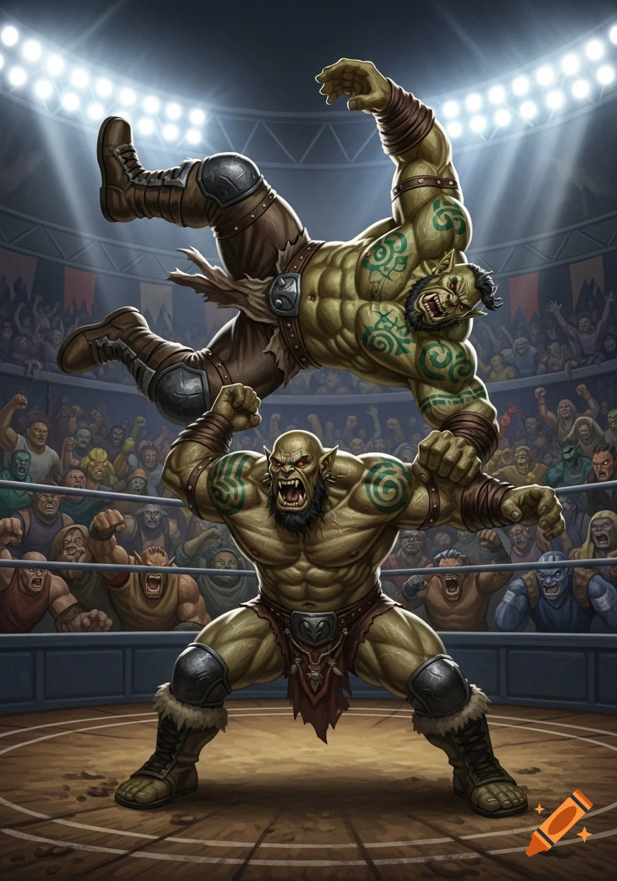 Illustration of two muscular green orc wrestlers battling in a ring before a cheering crowd, one performing a mid-air slam.