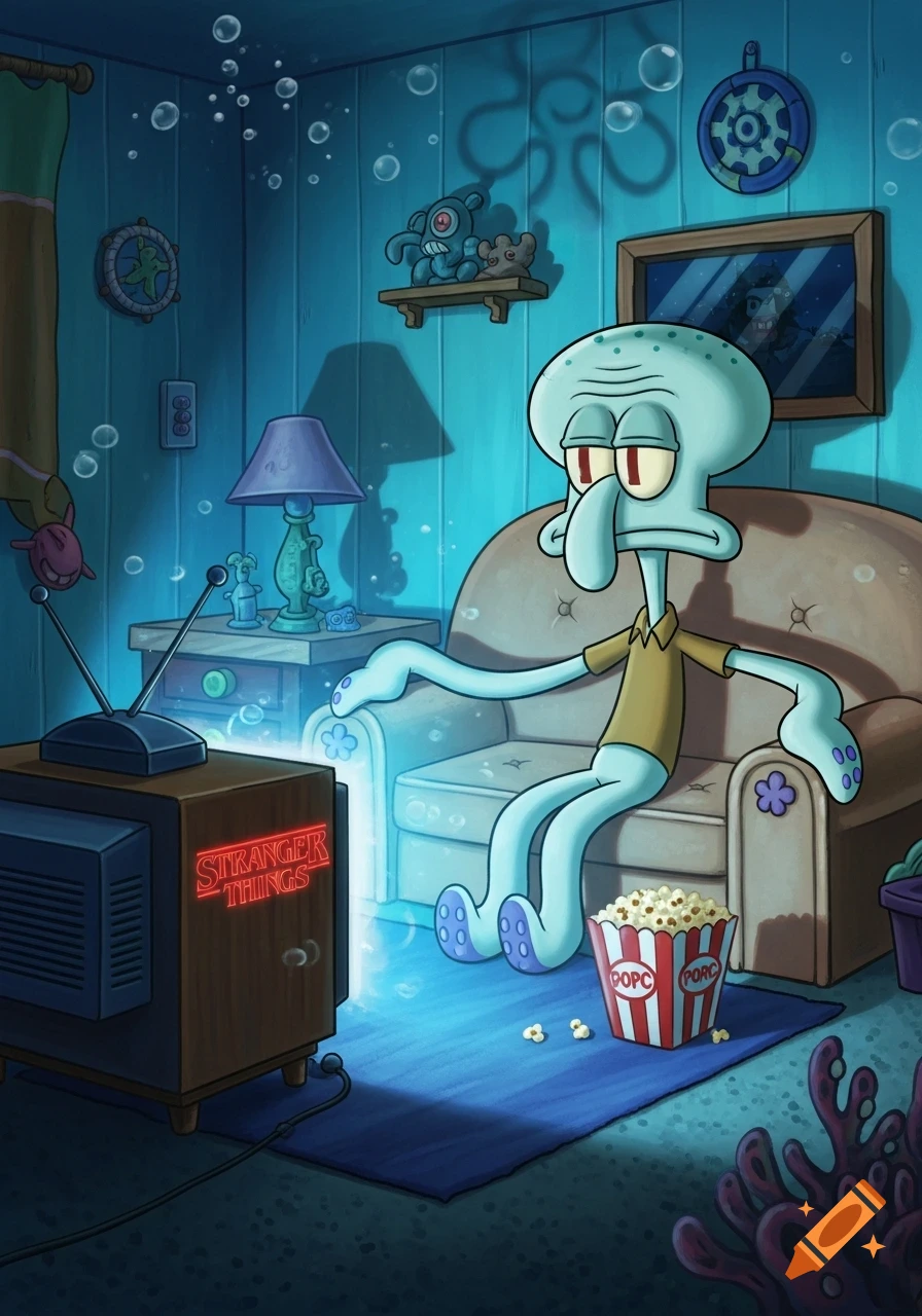 Squidward from Spongebob Squarepants watches TV, showing the "Stranger Things" logo, while eating popcorn in a dimly lit, underwater room.