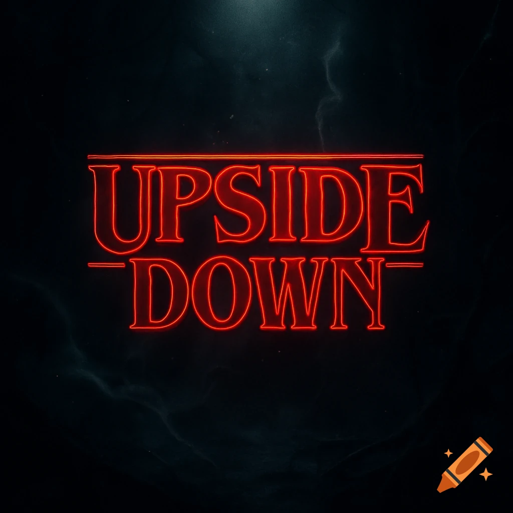 Red glowing neon text spells 'UPSIDE DOWN' in the style of the Stranger Things logo on a dark, smoky background.