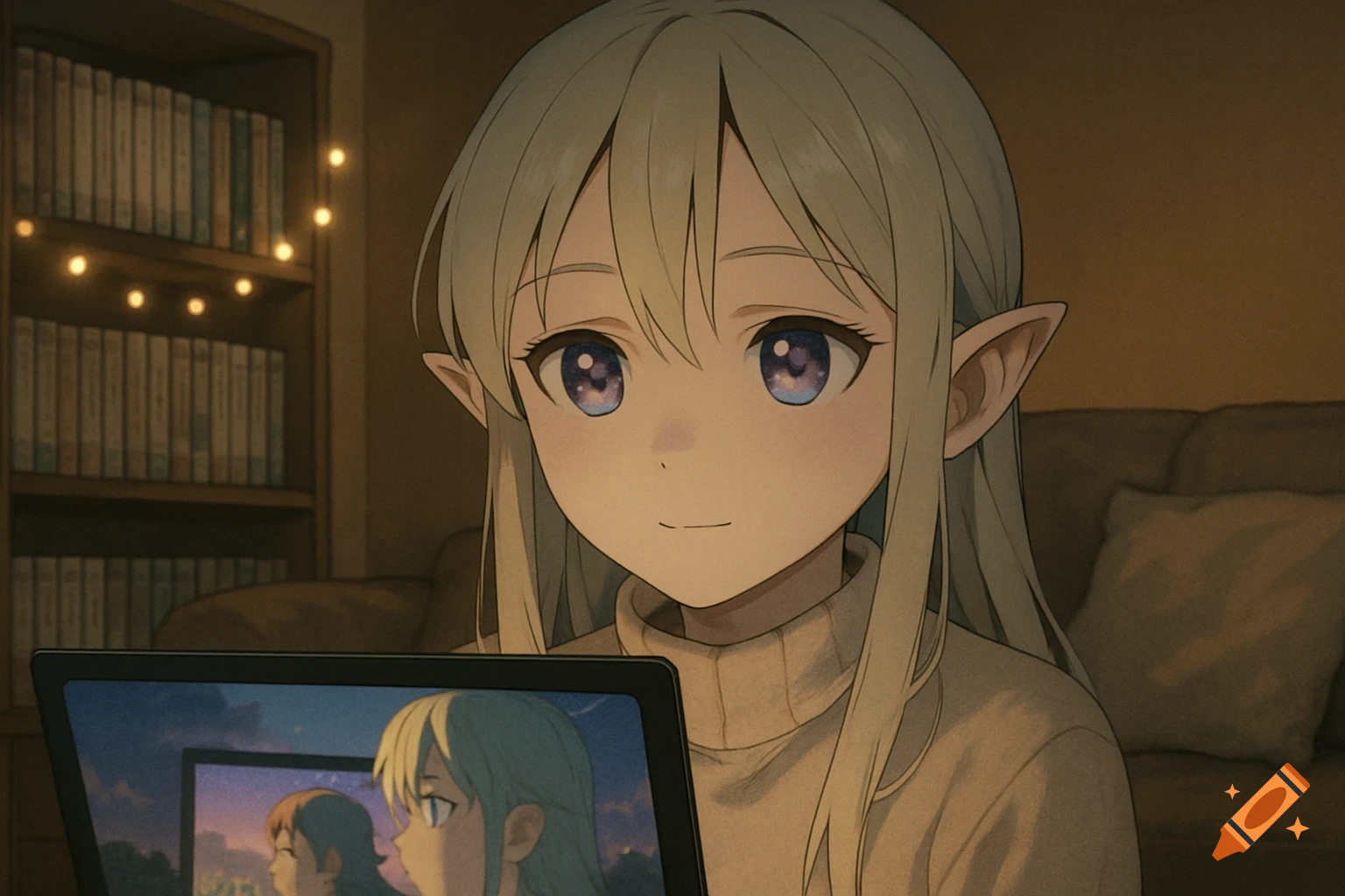 An anime elf girl with long light hair and purple eyes watches a laptop screen in a cozy room with a bookshelf and fairy lights.