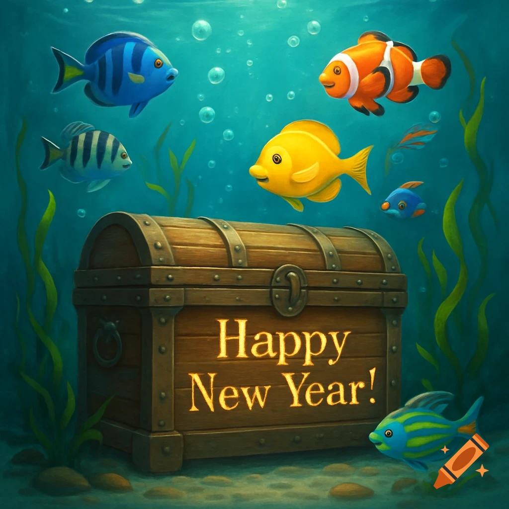 Cartoon fish swim around a treasure chest with "Happy New Year!" text on it, in a vibrant underwater scene.