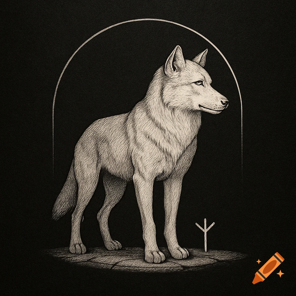 Minimalist black and grey illustration of a calm wolf standing on stone ground, with a geometric arc and a Tiwaz rune.