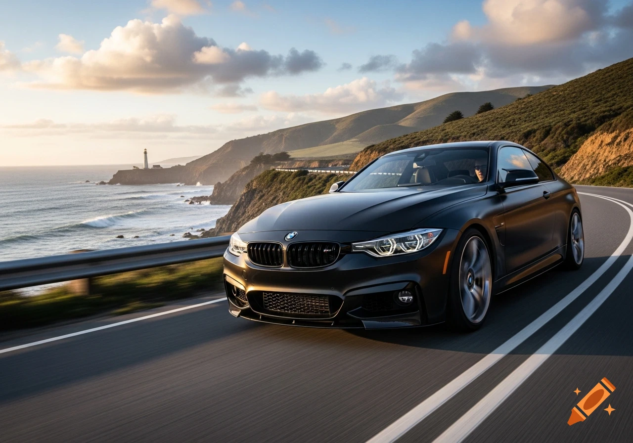 A dark grey BMW sports coupe drives along a winding coastal highway with a lighthouse and ocean in the background at sunset.