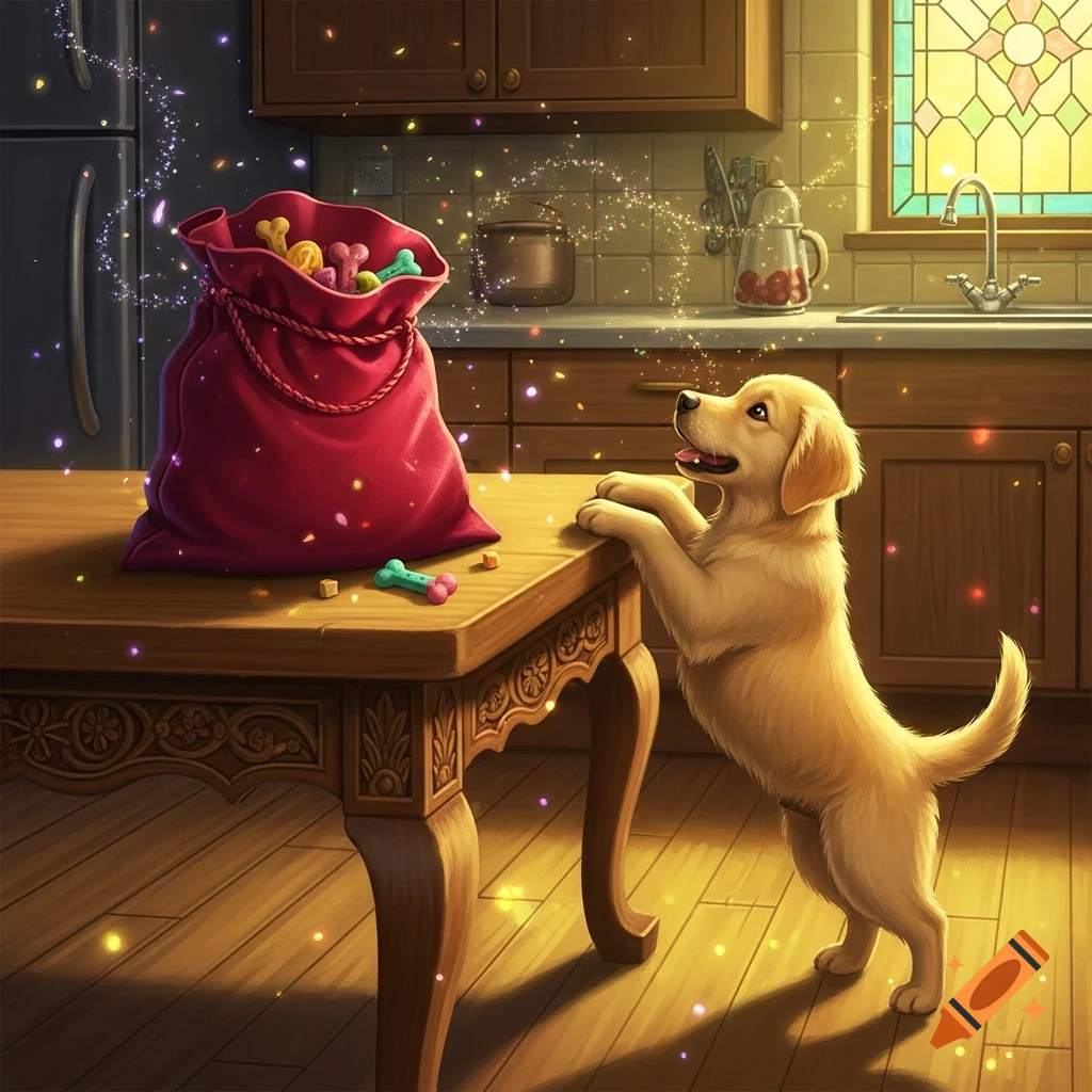 A cute golden retriever puppy stands on its hind legs, peering at a red magic bag overflowing with dog treats on a kitchen table.