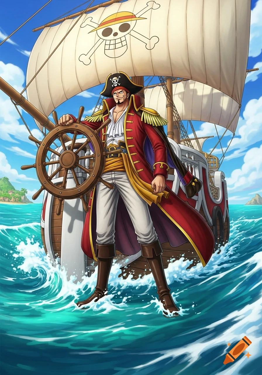 Anime illustration of a pirate captain in a red coat steering a ship on a wavy blue ocean with islands in the background.