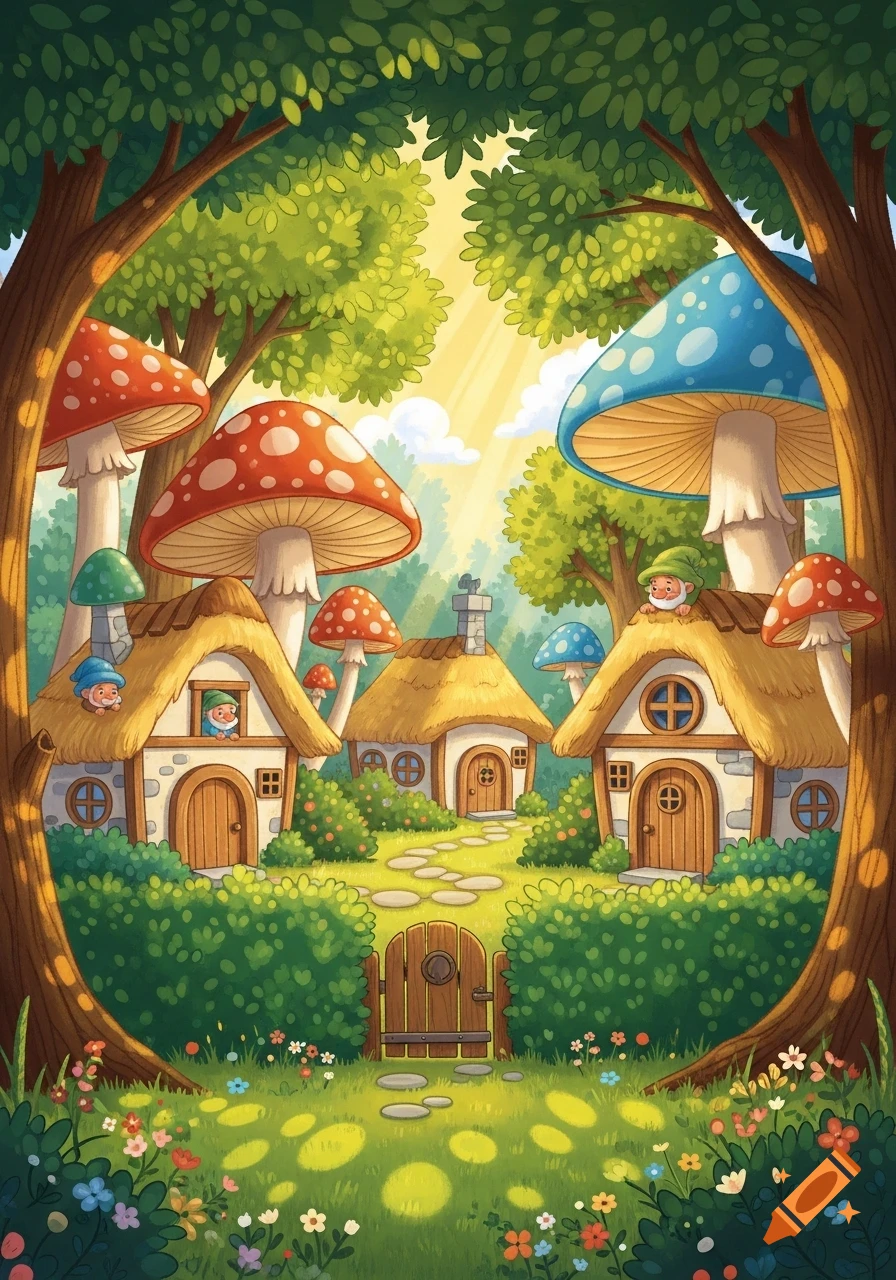 A vibrant, whimsical dwarf village with mushroom houses and cheerful dwarves under giant spotted mushrooms and trees, bathed in sunlight.
