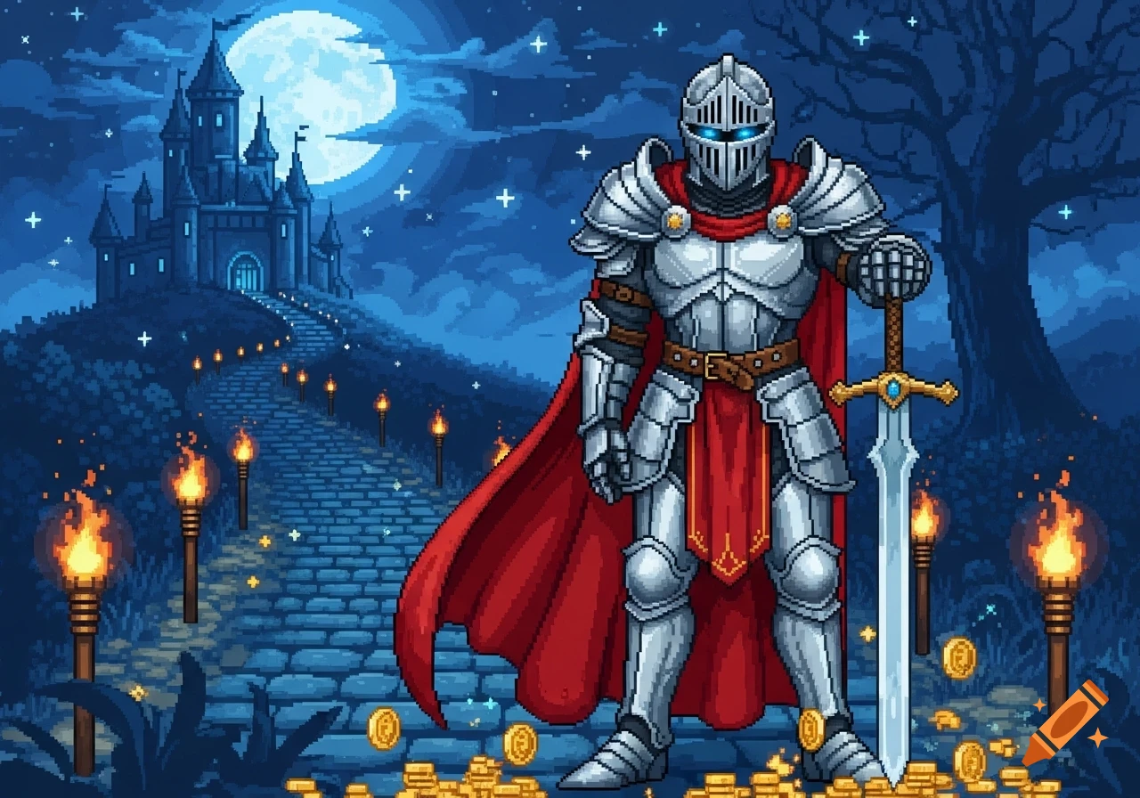 A pixel art knight in silver armor and a red cape stands with a sword before a torchlit path leading to a castle under a full moon.