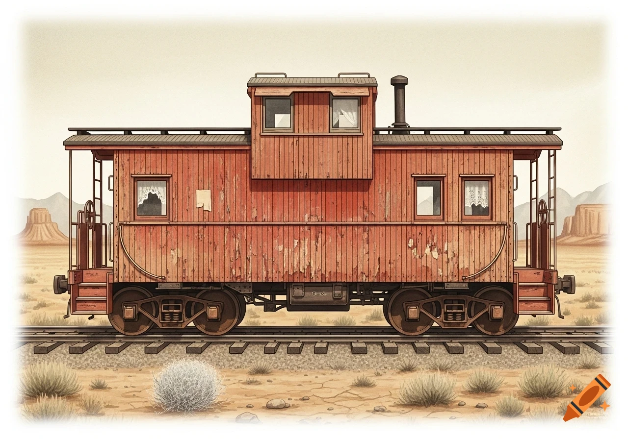 A stylized illustration of an old red wooden caboose with peeling paint on train tracks in a dusty desert with mountains.