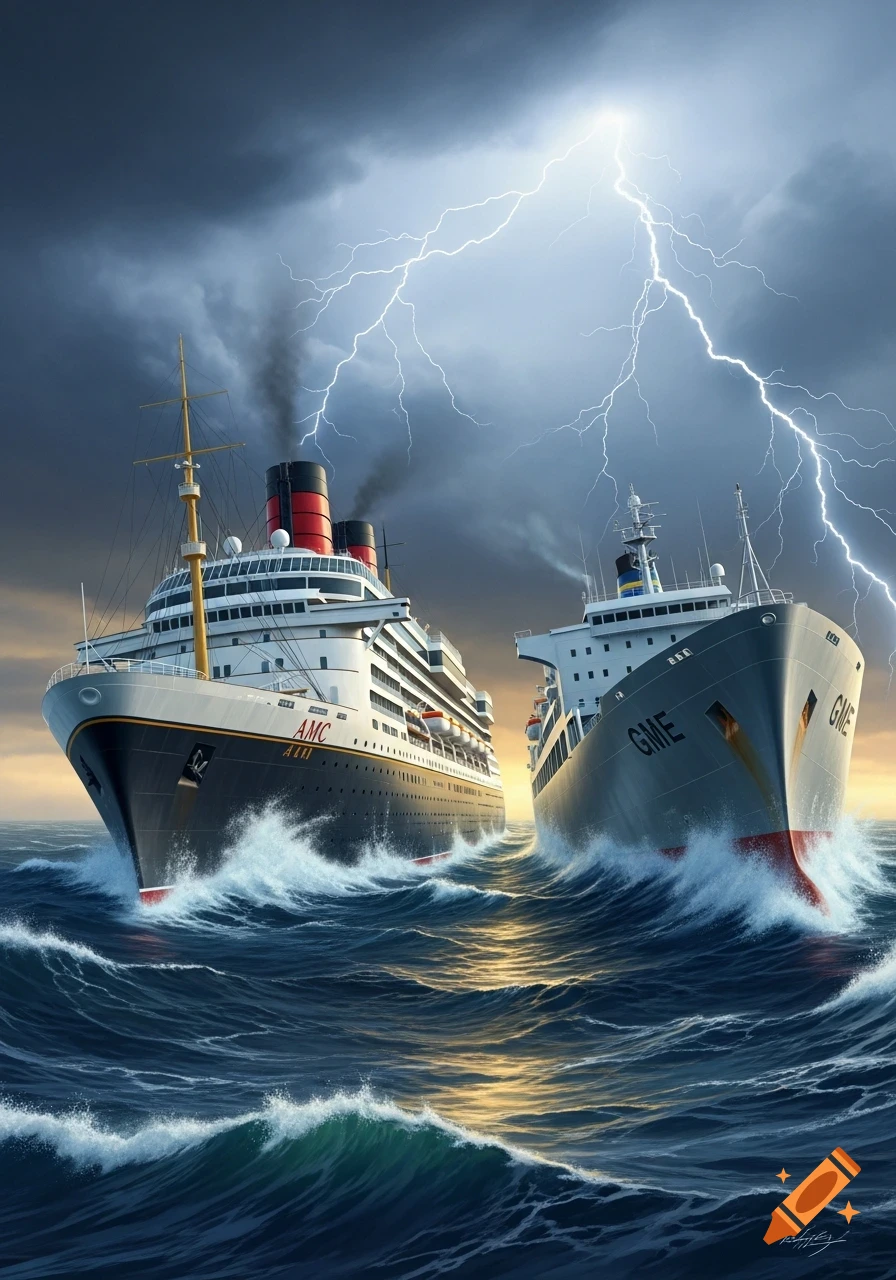 Two large ships, AMC and GME, battle huge waves under a lightning-filled storm sky in a photorealistic style.
