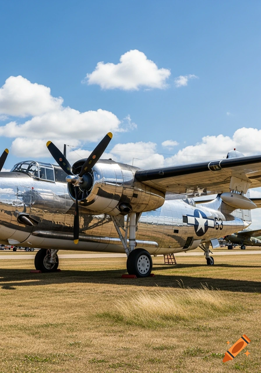 A chrome-painted vintage PBY Avenger airplane with propellers, parked on a grassy field under a bright blue sky with clouds.