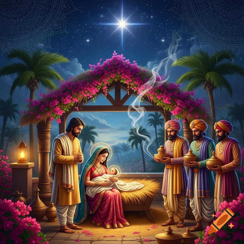 Indian-inspired Nativity scene with Mary, Joseph, and the Three Wise Men worshipping baby Jesus under a bright star.