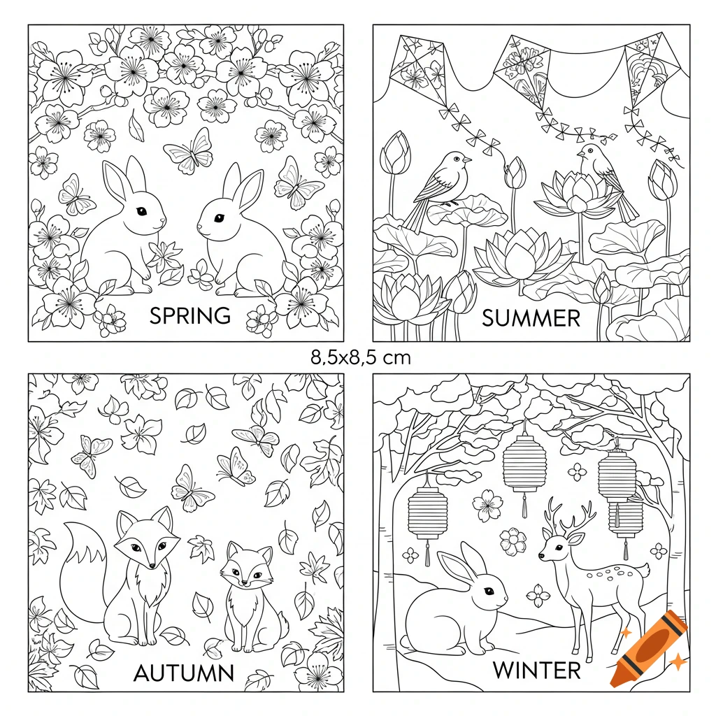Four square black and white line art panels depicting the four seasons: Spring with rabbits and cherry blossoms, Summer with birds and lotus flowers, Autumn with foxes and falling leaves, and Winter with a rabbit, deer, and lanterns.