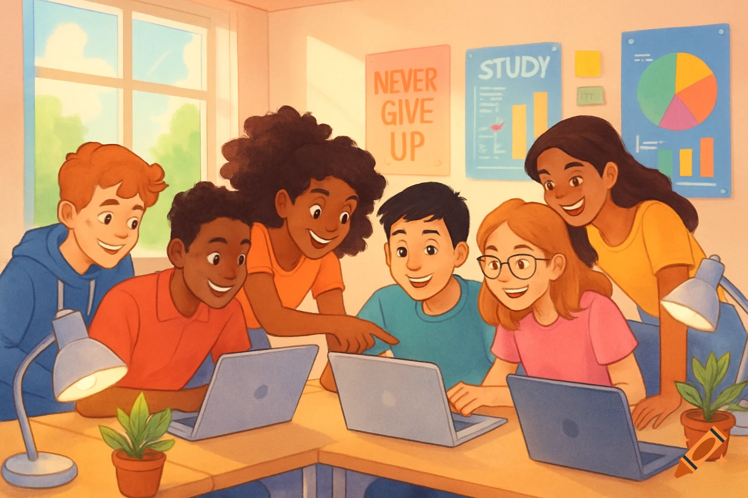 Illustration of six diverse teenagers happily studying together at a long desk with laptops and lamps in a brightly lit classroom.