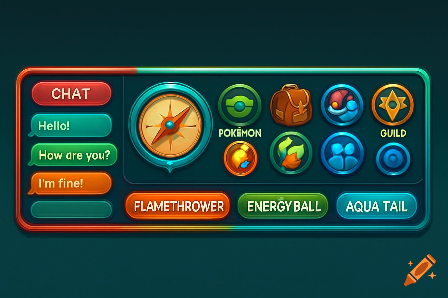 A stylized video game interface with chat, compass, Pokemon-themed icons, and attack buttons.