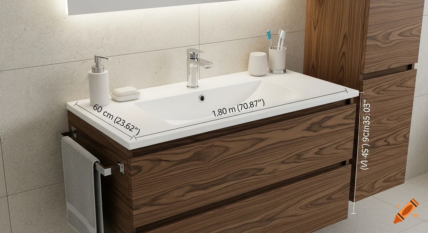 Photorealistic image of a modern bathroom vanity with a white sink and a dark wood cabinet. Dimension lines with text overlay. A towel hangs on the left.
