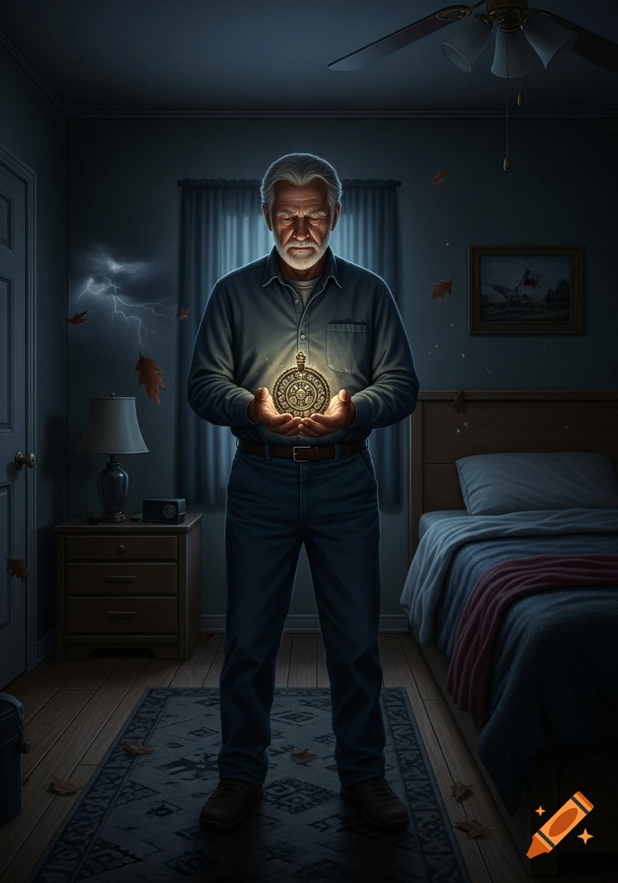 An older man with a gray beard stands in a dimly lit bedroom, holding a glowing, ancient amulet. Stormy weather is visible outside.