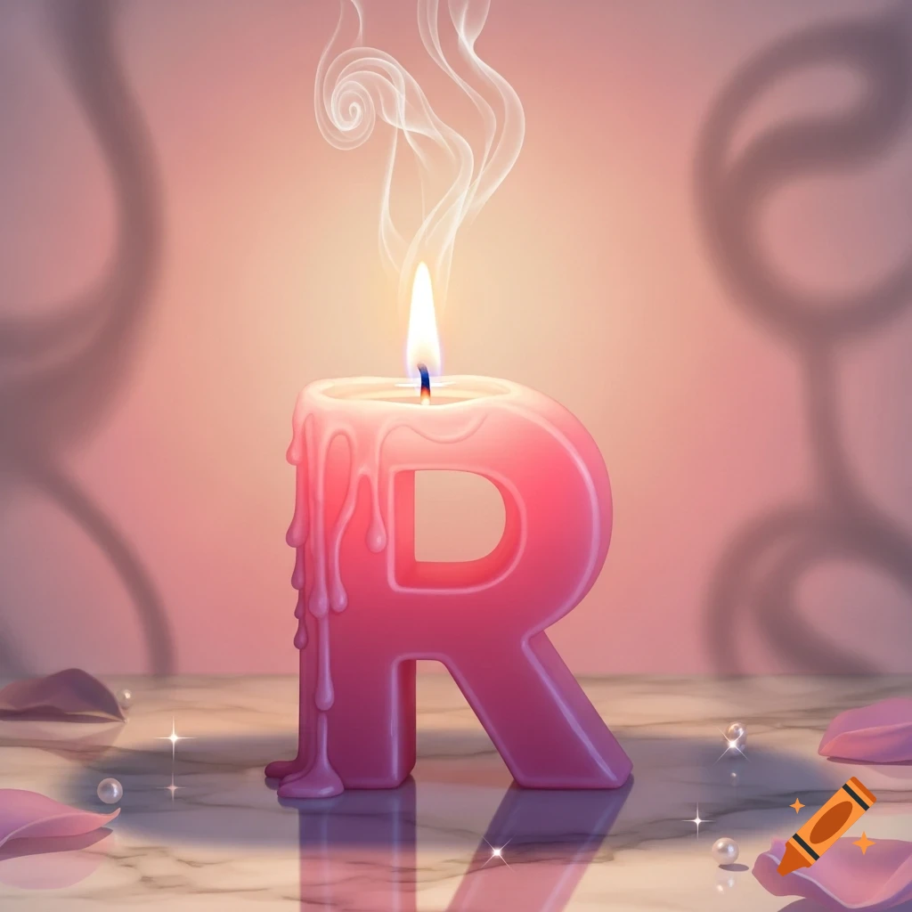 A photorealistic image of a lit pink candle shaped like the letter R, melting on a marble surface with pink petals and pearls.