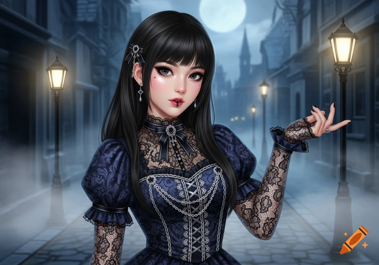 A goth girl with black hair and a dark blue lace dress stands in a misty alleyway under a full moon, digital art.