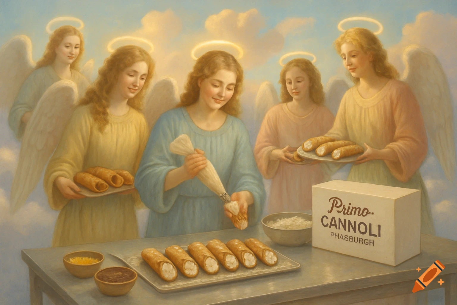 A painting of smiling angels with halos in heaven, making cannoli. One pipes filling, others hold finished desserts.