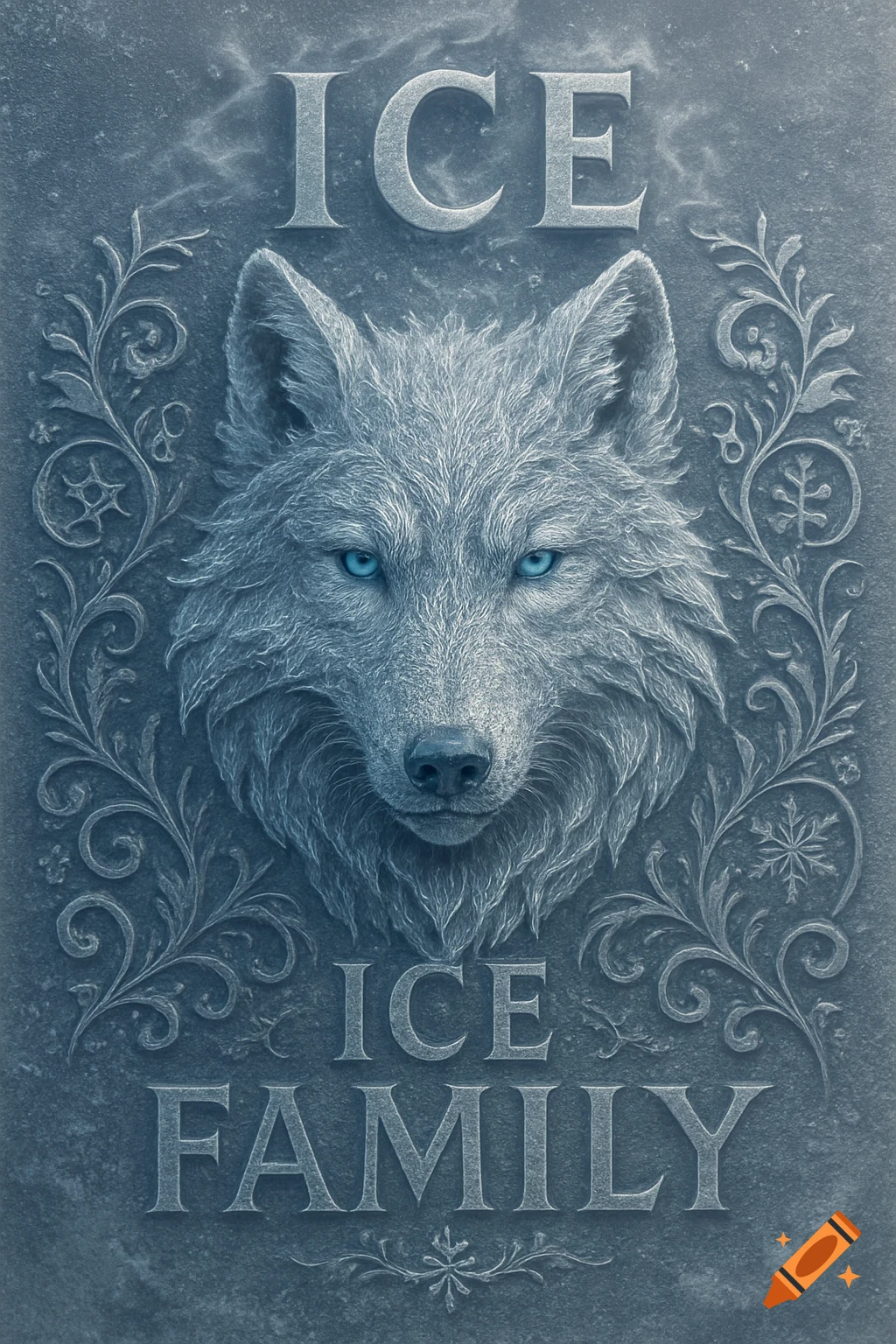 A carved gray wolf head with bright blue eyes on a textured icy blue background, surrounded by ornate scrollwork and the text "ICE" and "ICE FAMILY".