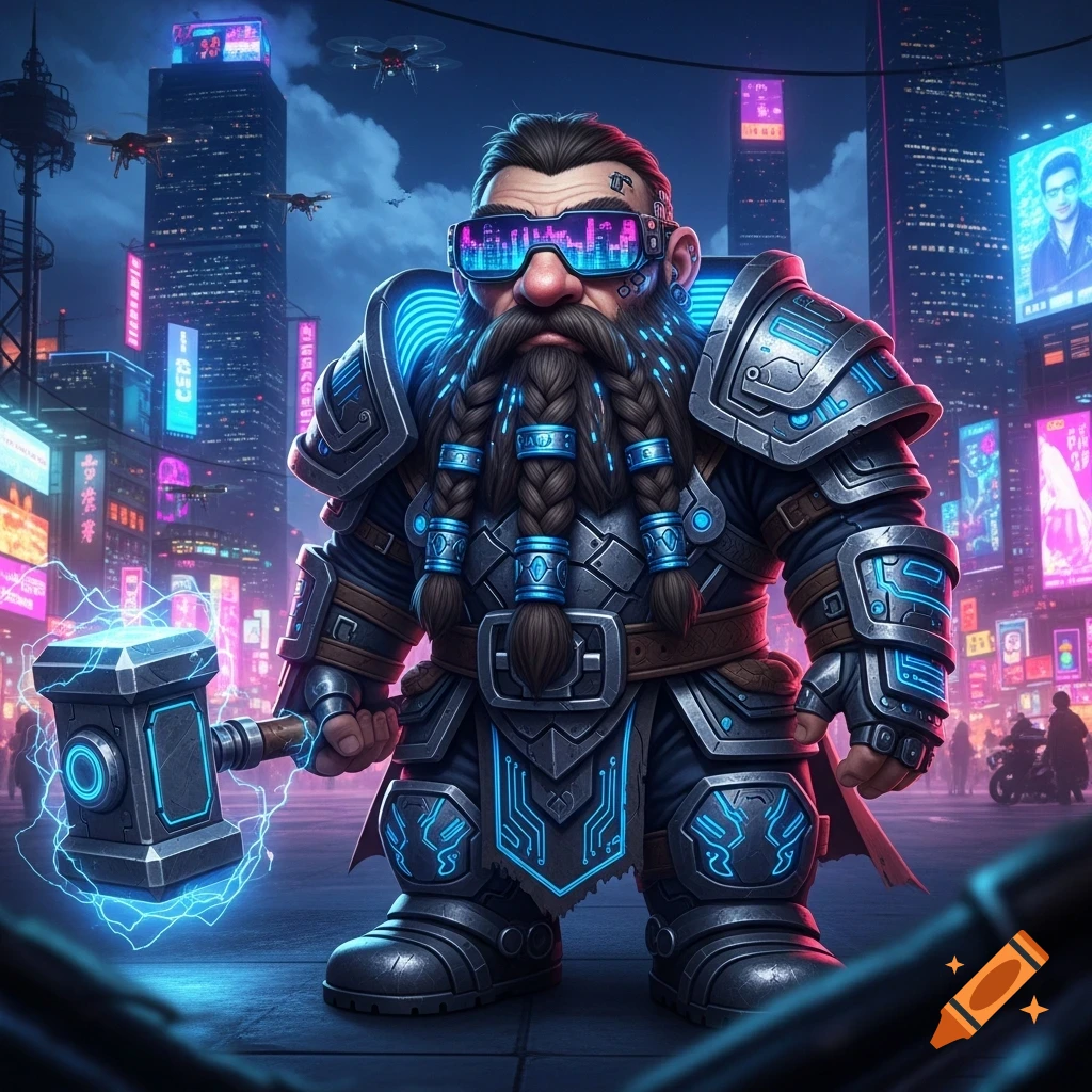 A powerfully armored cyberpunk dwarf with glowing blue goggles and braided beard, holding a glowing hammer in a neon-lit futuristic city.