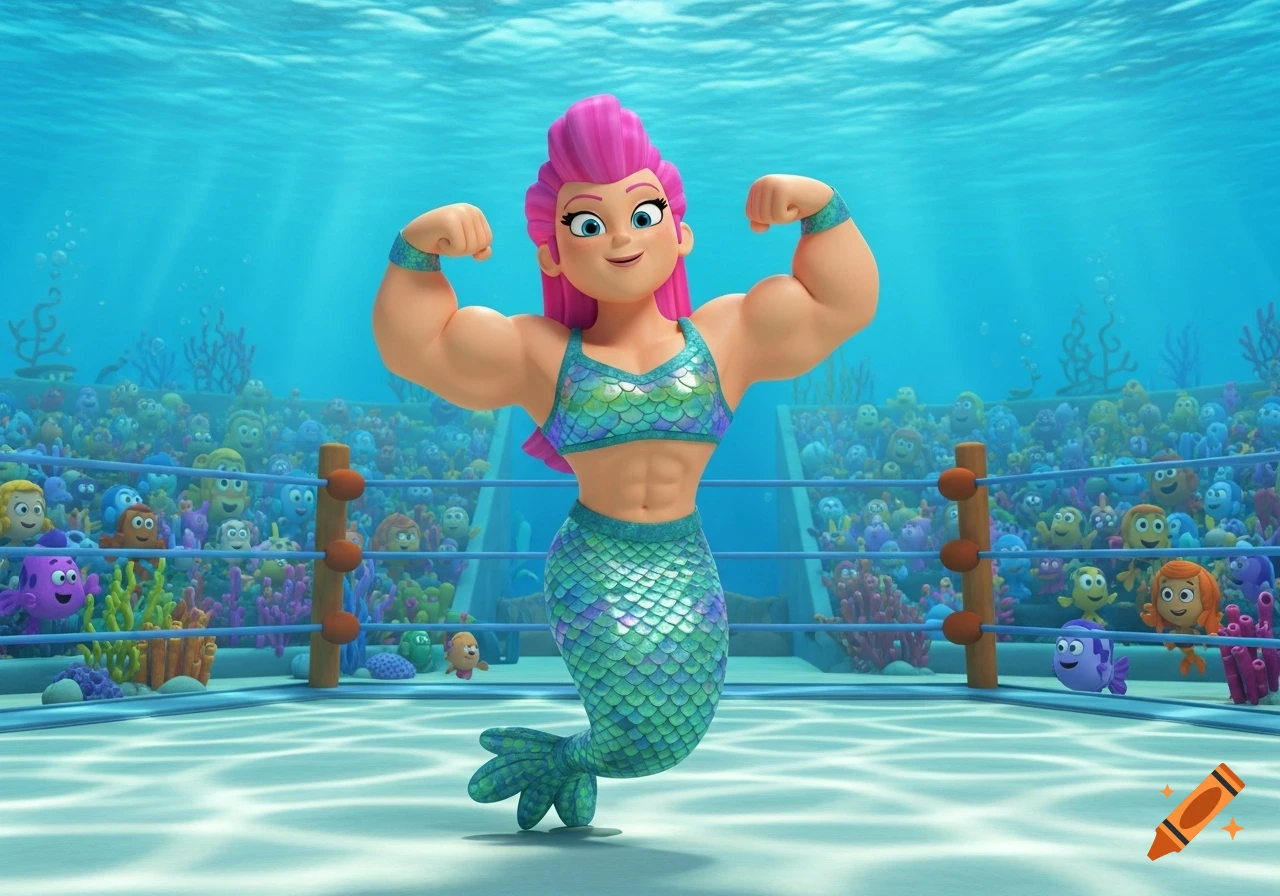 A muscular, pink-haired cartoon mermaid flexes in an underwater wrestling ring, surrounded by sea creature spectators.