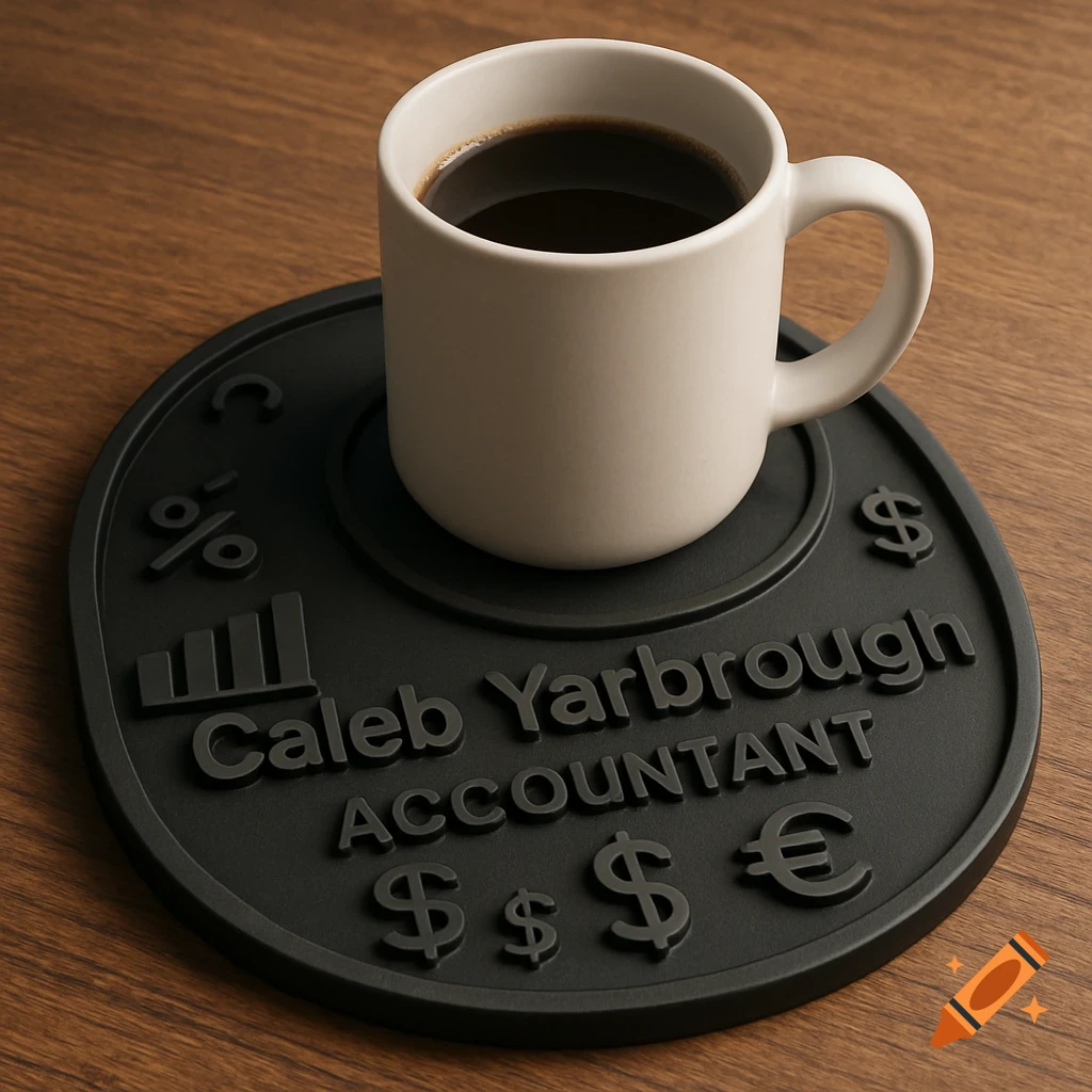 A white coffee mug filled with coffee on a black coaster personalized with 'Caleb Yarbrough ACCOUNTANT' and currency symbols, on a wooden table.