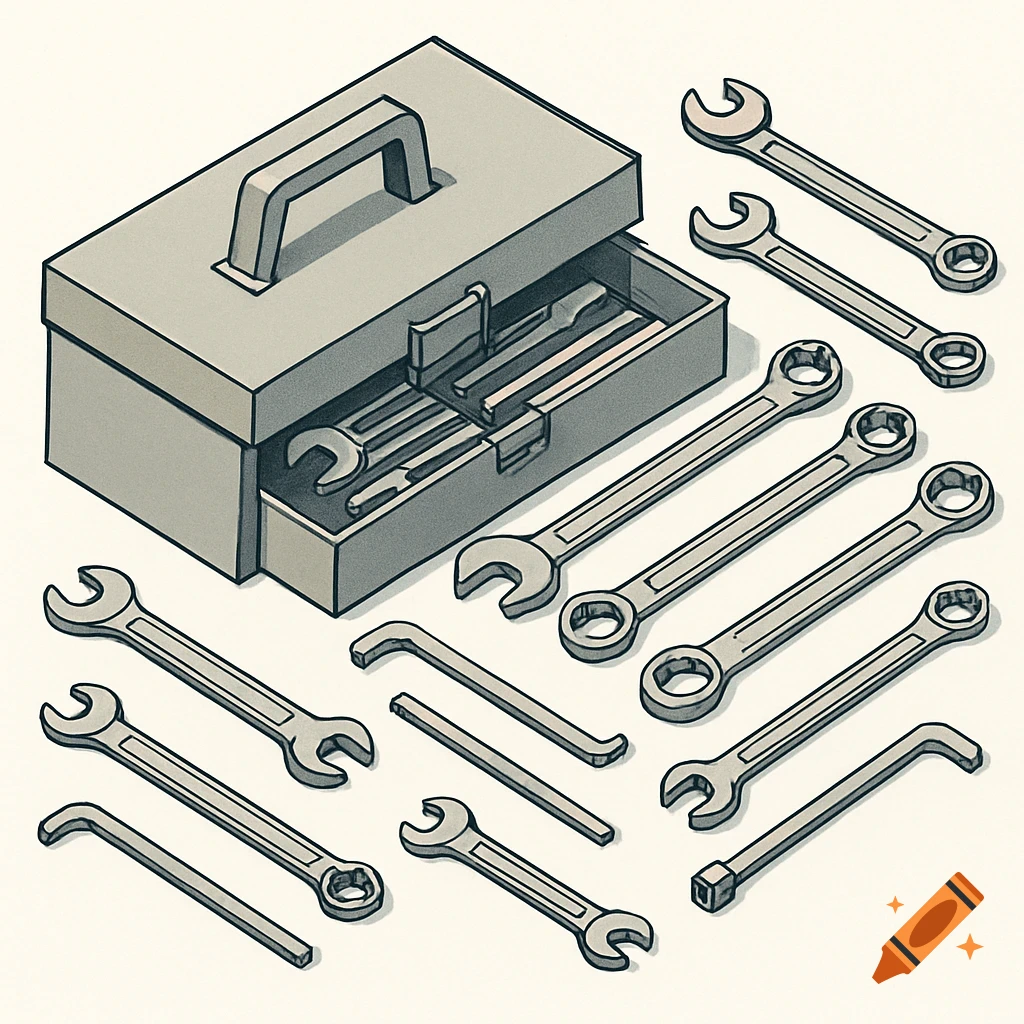 Isometric illustration of a gray toolbox filled with tools, surrounded by silver wrenches and hex keys on a clean white background.
