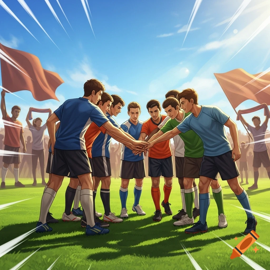 Illustrated male soccer players huddle, stacking hands on a green field under a blue sky, with fans in the background.