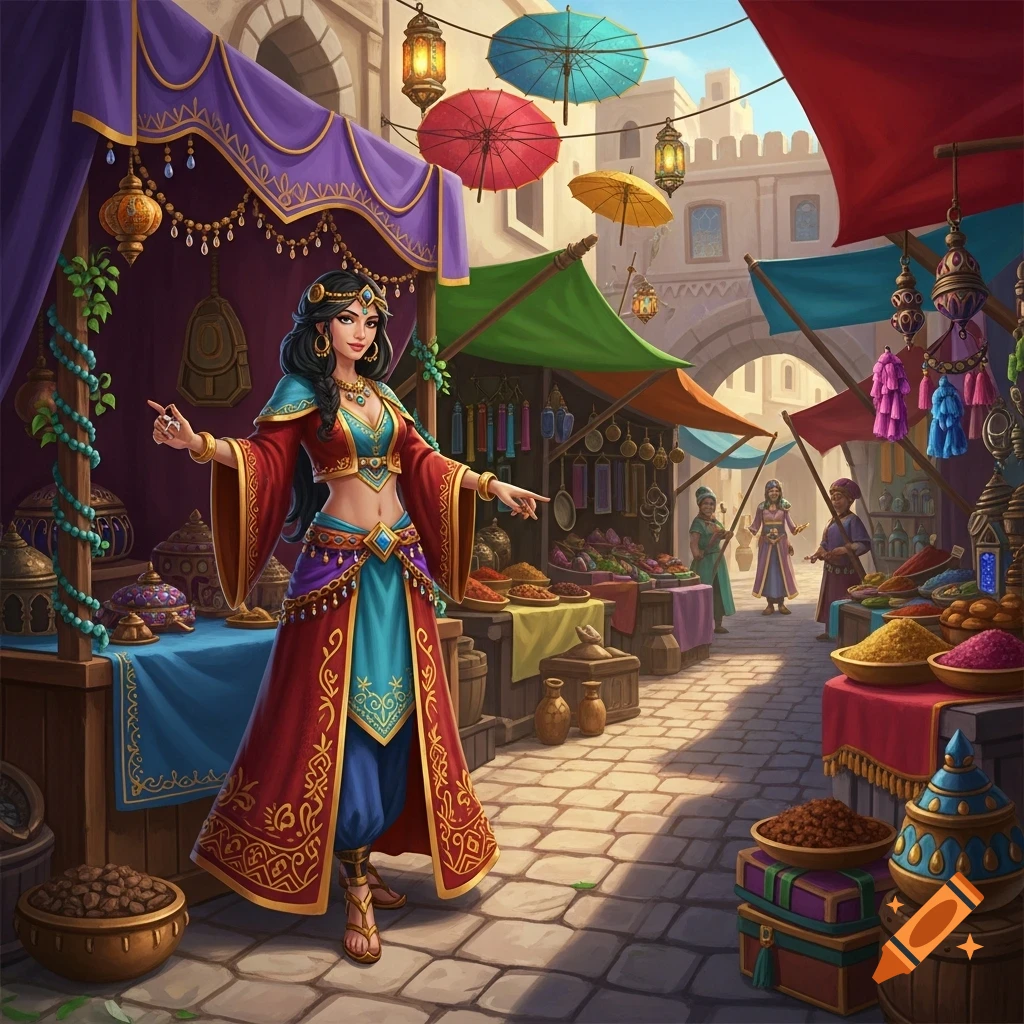 A colorful woman in an ornate costume poses in a vibrant, bustling Middle Eastern marketplace with stalls and spices.