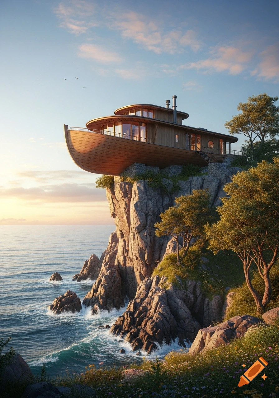 Photorealistic house shaped like a boat hull on a rugged cliff overlooking the sea at sunset.