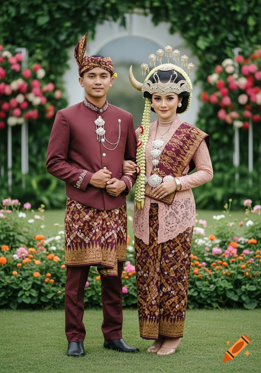A Minangkabau couple in traditional ceremonial clothing, standing side by side in a lush garden with flowers.