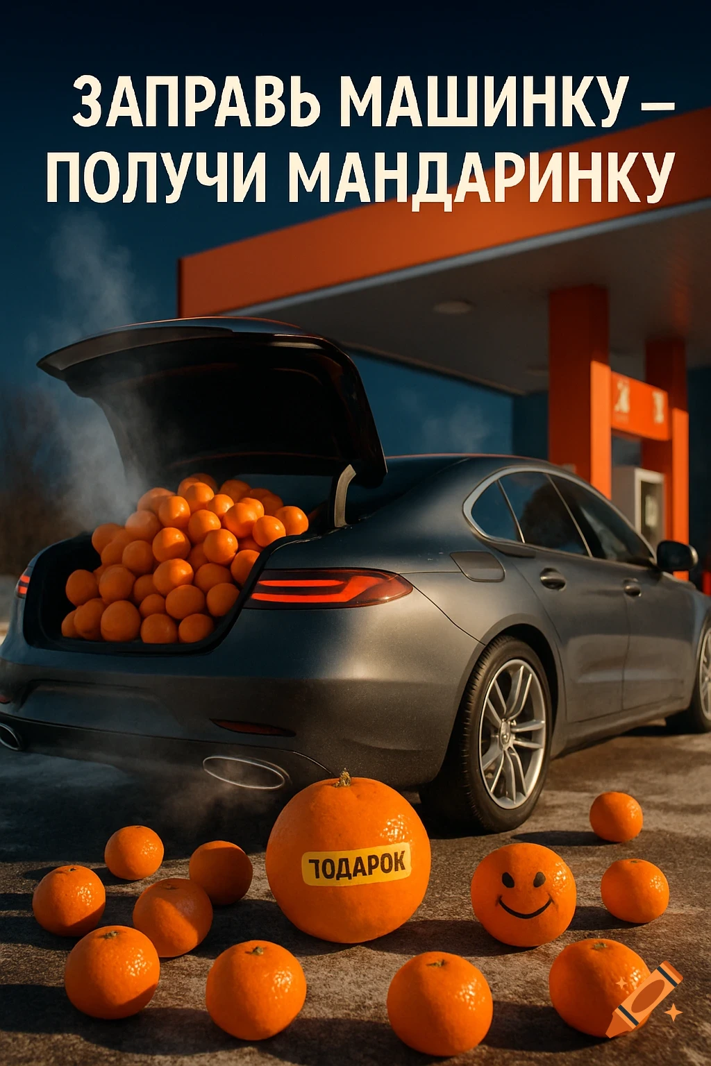 A car with its trunk full of tangerines at a gas station, with more tangerines on the ground. Text at the top reads 'Fill up the car - get a tangerine', and one tangerine has 'GIFT' written on it.