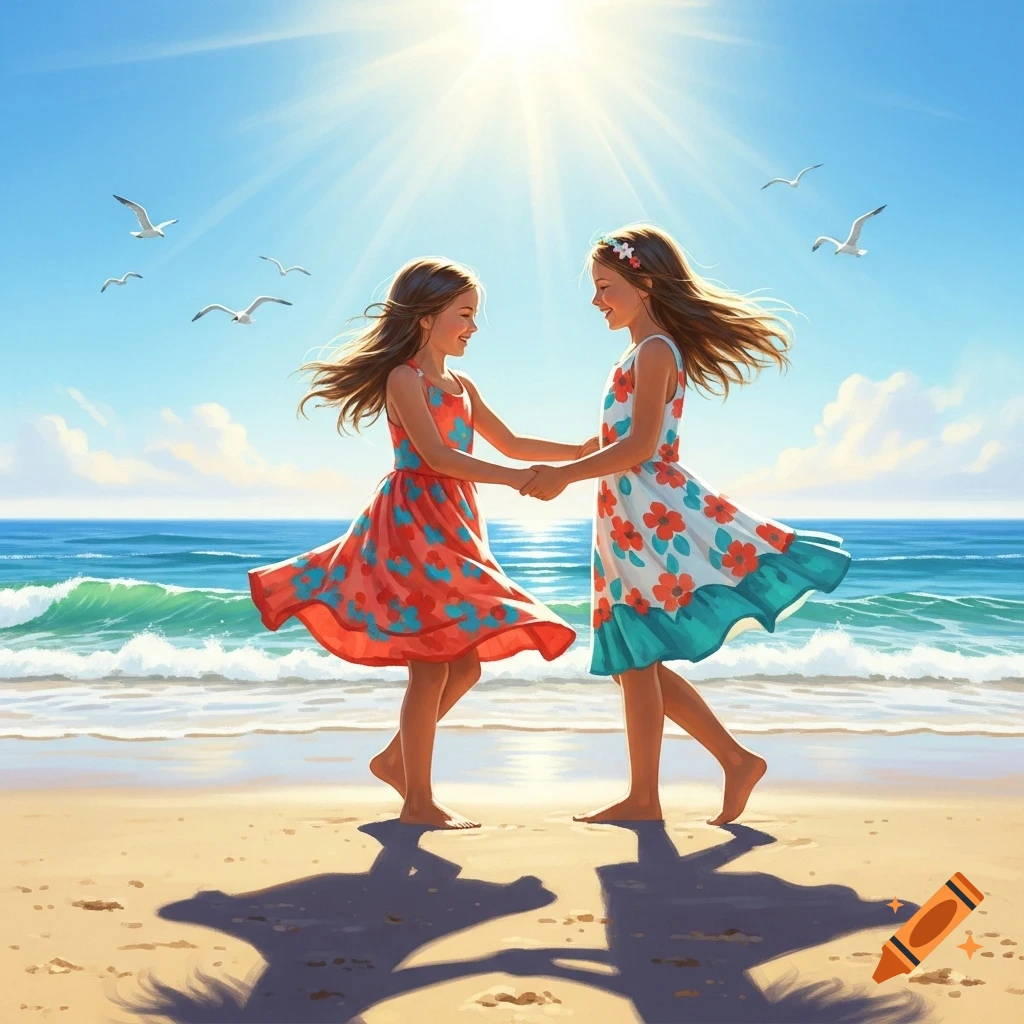 Two smiling girls in colorful dresses dance on a sunny beach, holding hands with the ocean in the background.