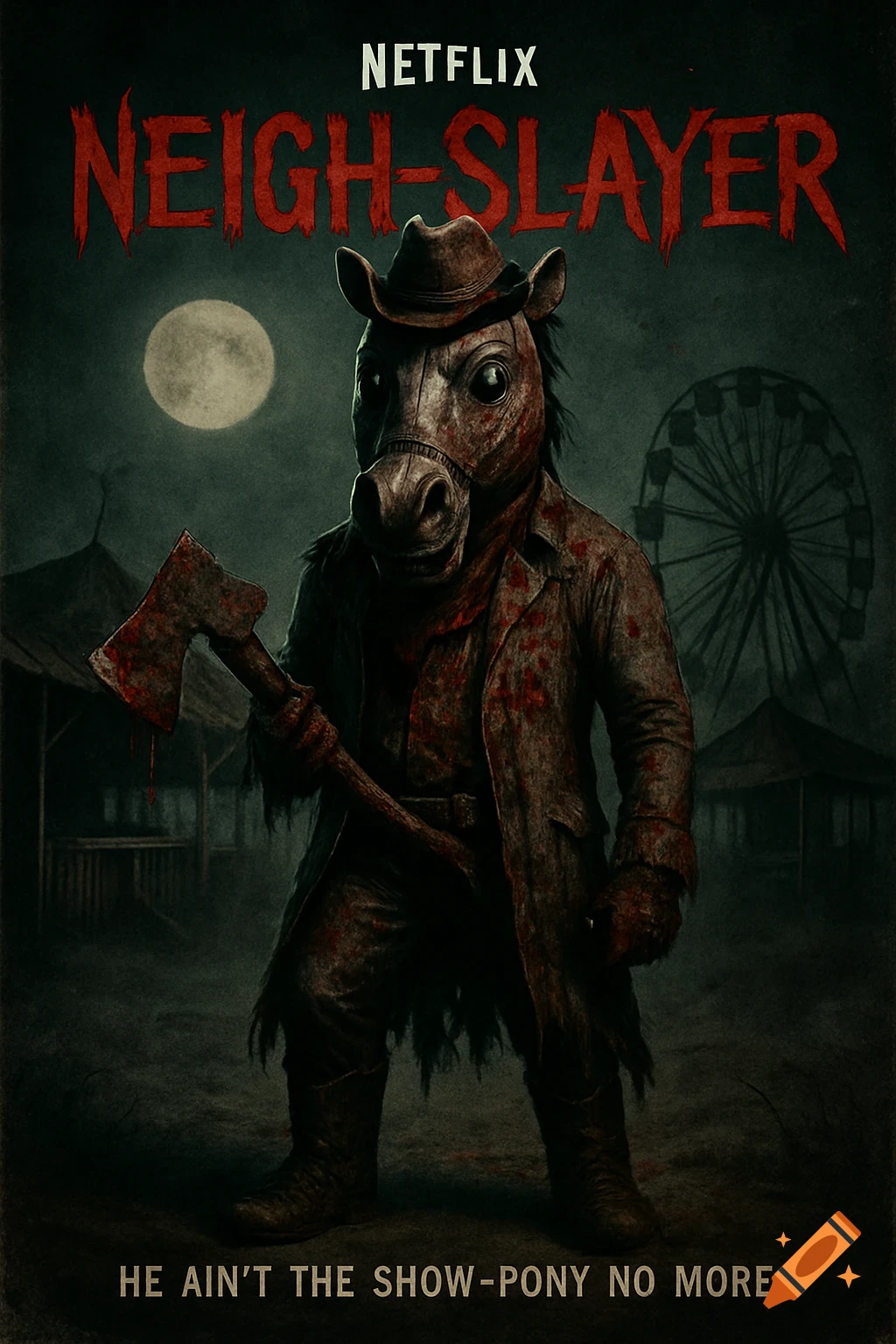 A scary horse-masked figure in a bloody cowboy outfit holds an axe on a dark, abandoned fairground, a full moon above. Text: NEIGH-SLAYER.