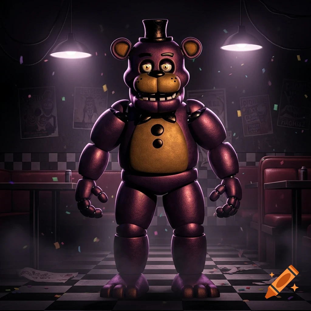 A purple and gold animatronic bear with a top hat and bowtie stands in a dimly lit, checkered restaurant with booths and posters.