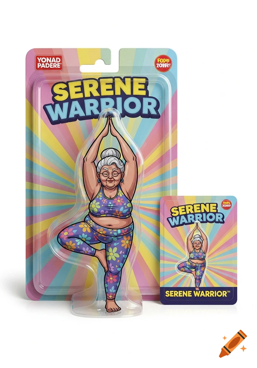 Cartoon style action figure packaging featuring an older woman with gray hair in a yoga tree pose, labeled 'Serene Warrior'.