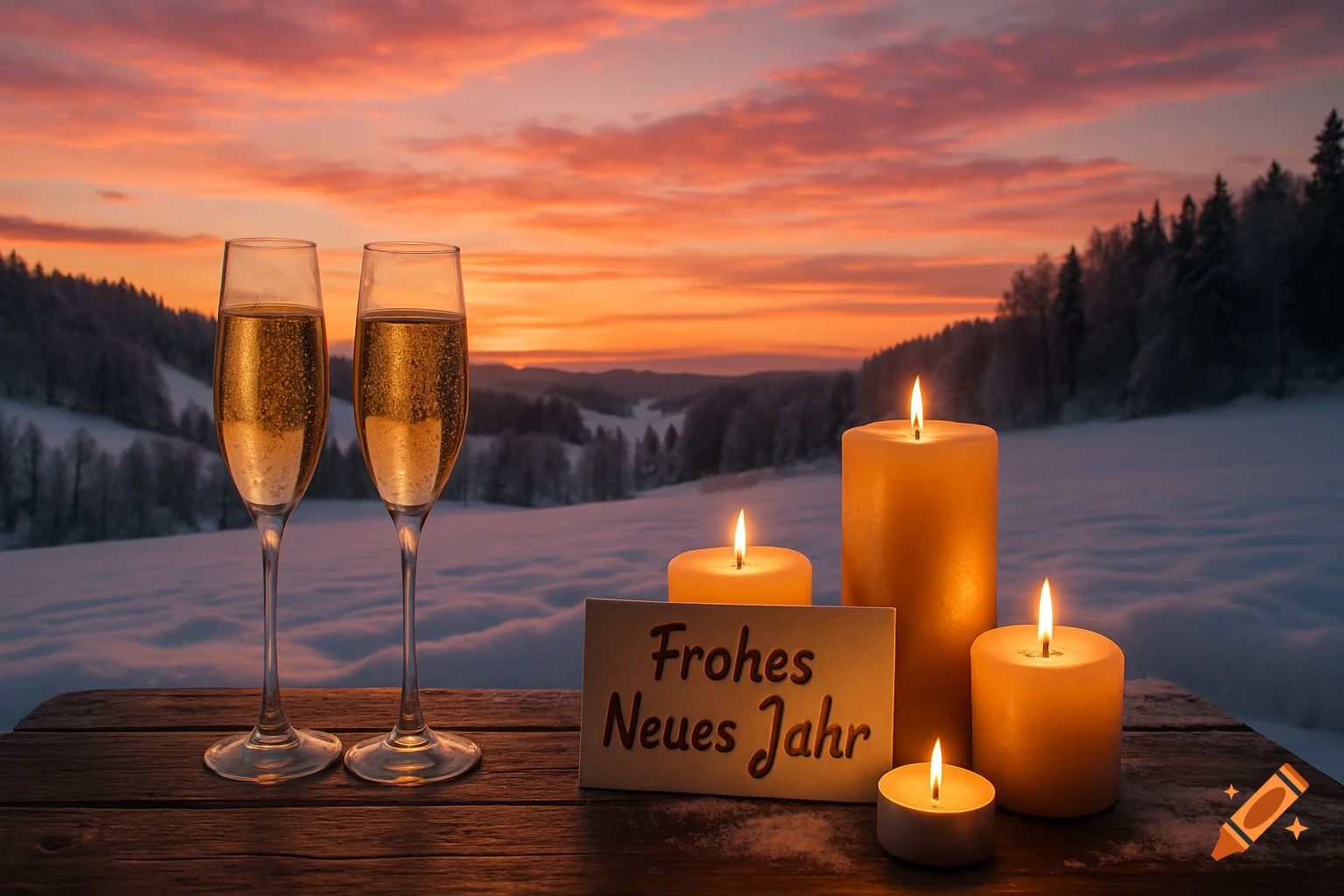 Two champagne flutes and candles on a wooden table in a snowy winter landscape during sunset, with a 'Happy New Year' sign.