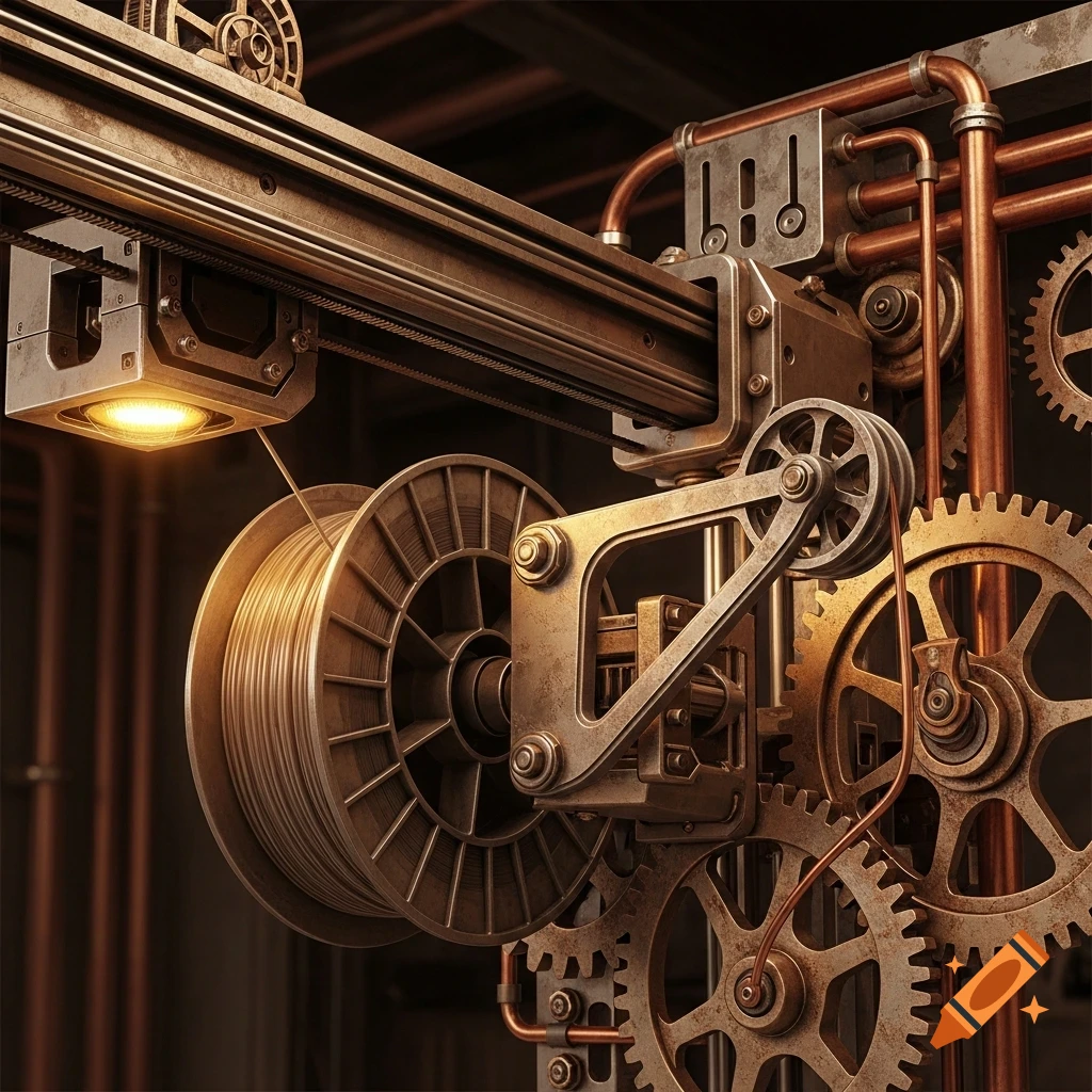 Close-up of intricate steampunk machinery with gears, pipes, a filament spool, and a glowing light, in an industrial setting.
