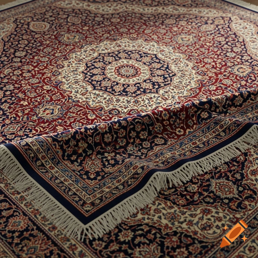 A close-up of a richly patterned Iranian rug in red, blue, and cream, with one corner folded back.