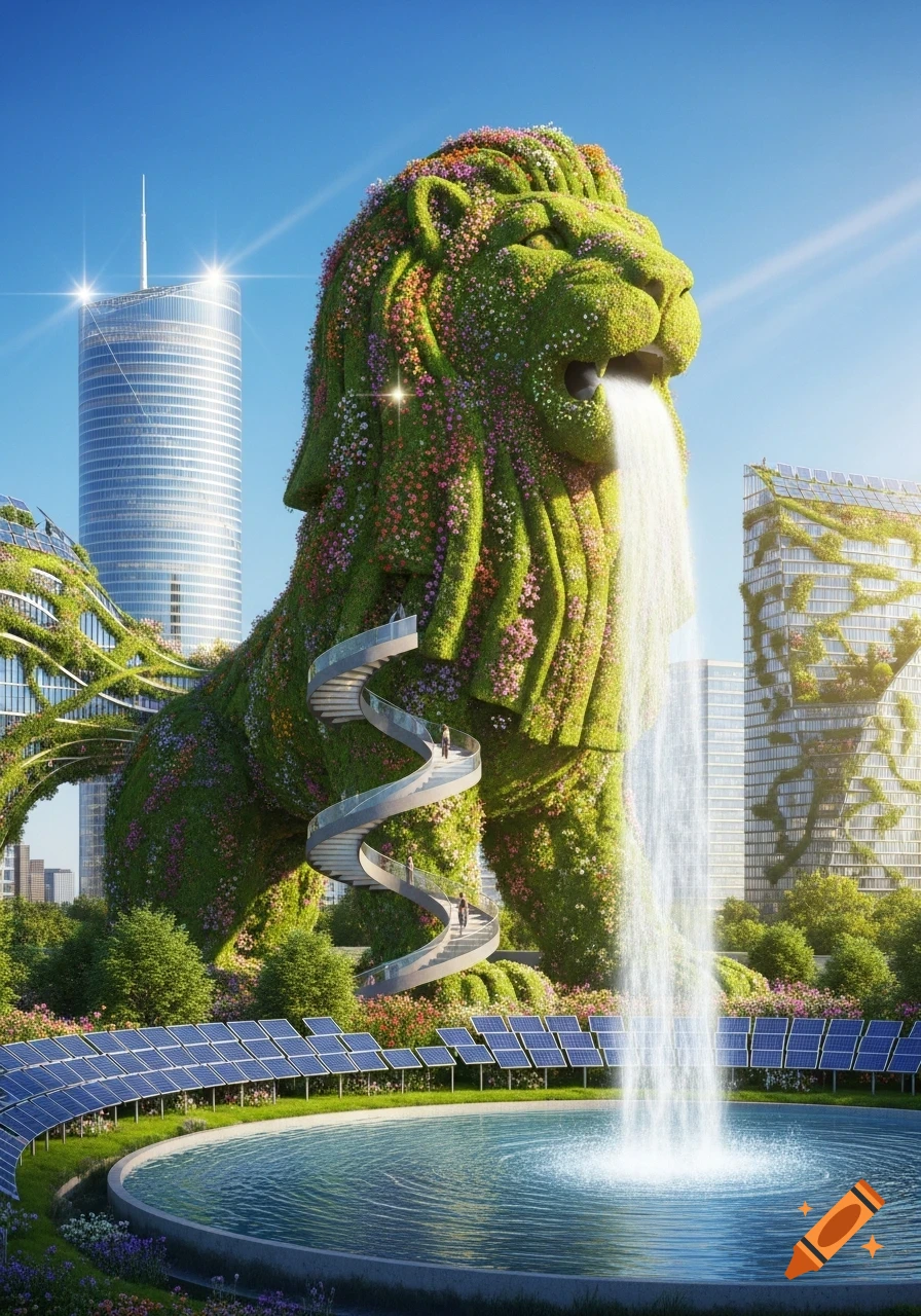 Giant green, flower-covered lion building with a waterfall from its mouth, spiral stairs, solar panels, and green skyscrapers in a futuristic city.