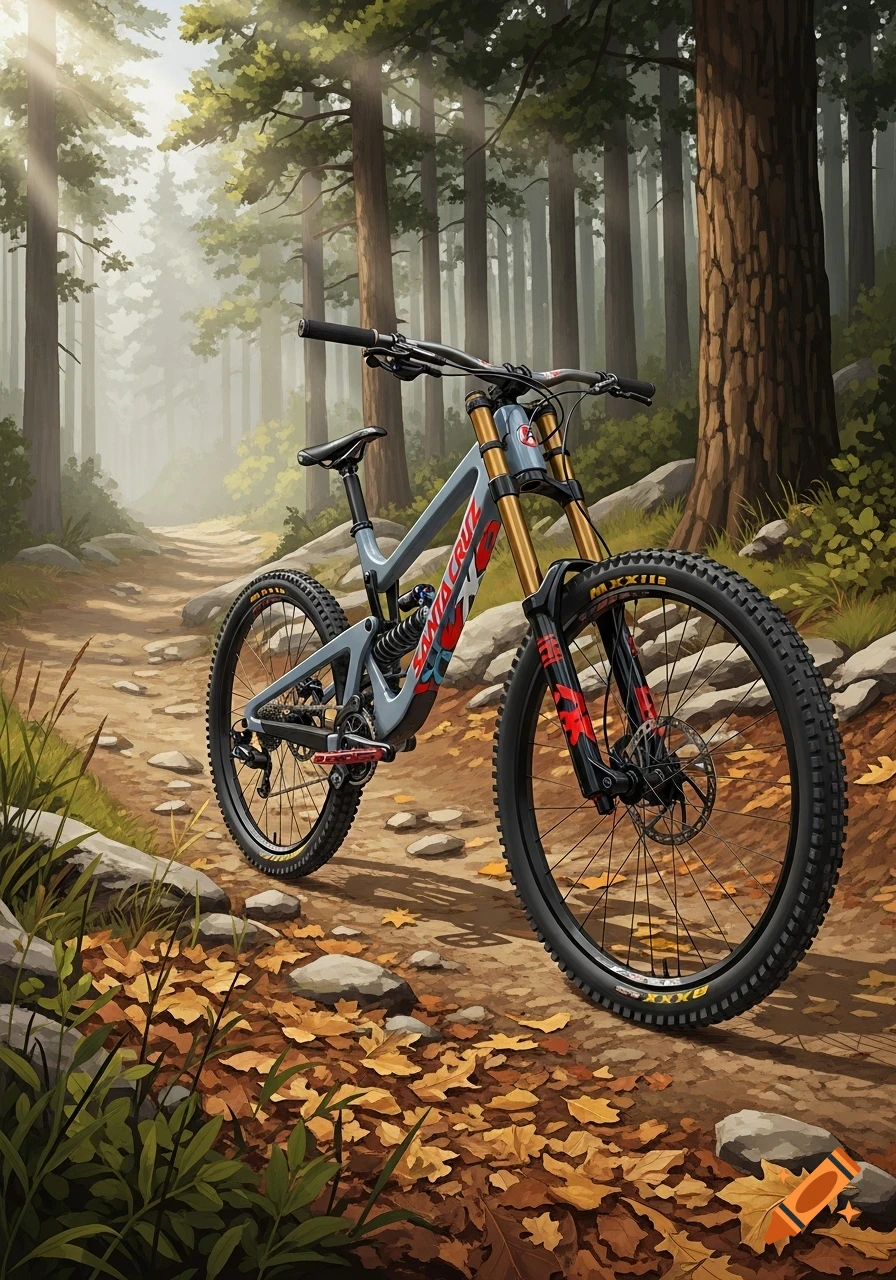 A gray and red Santa Cruz mountain bike parked on a dirt trail covered in autumn leaves in a sunlit forest.