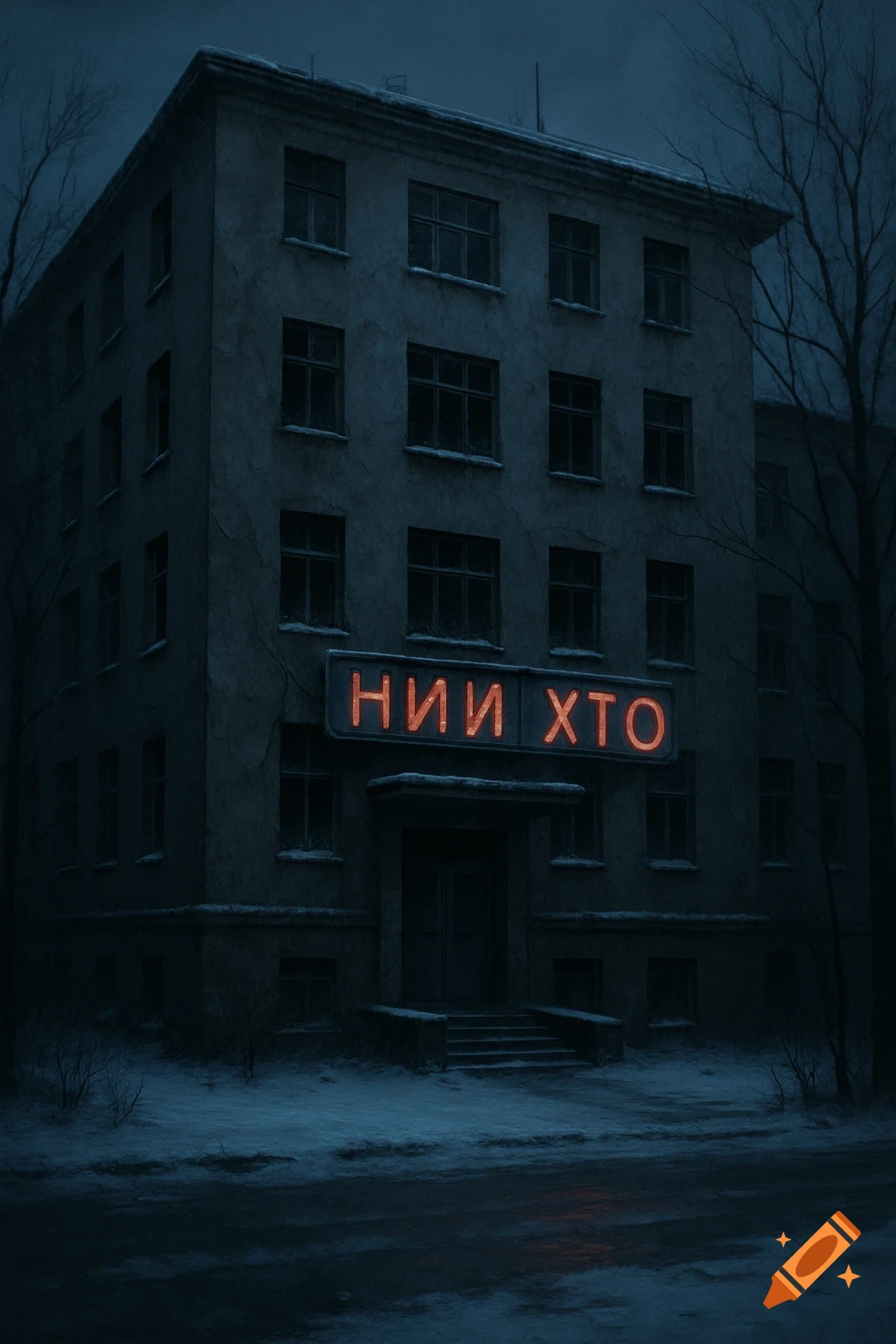 A gloomy, old, gray Soviet research institute building at early evening in winter, with snow on the ground and a brightly lit red sign reading "НИИ ХТО" on its facade.