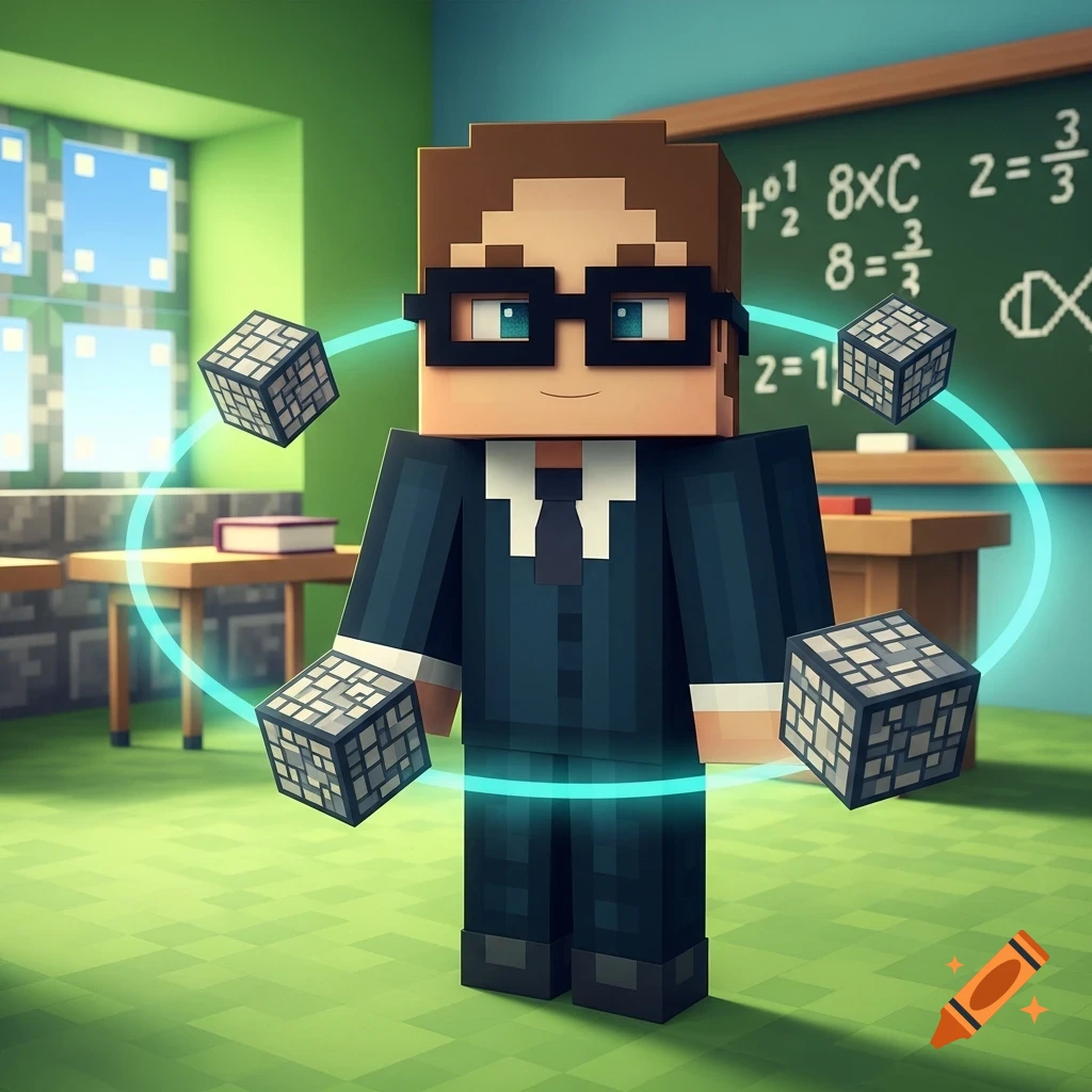 Minecraft-style teacher in a suit and glasses, surrounded by floating textured cubes, standing in a classroom with a blackboard.